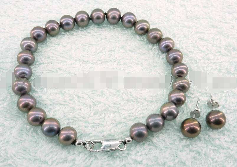 

Wholesale fast SHIPPING >>>> Copper Brown 7-7.5mm AAA Grade Akoya Pearl Set Bracelet 7.5" & Stud Earring 14KGP