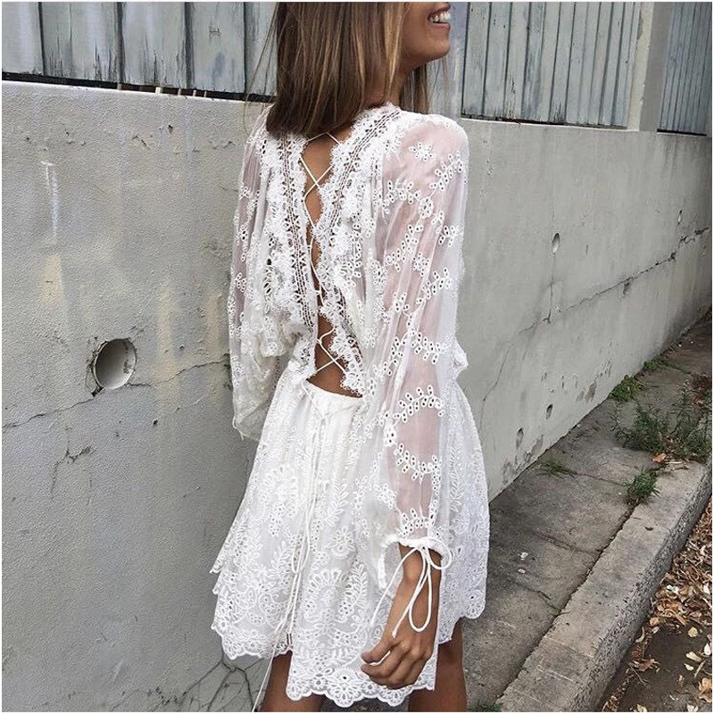 

Yackalasi 2018 Summer Long Sleeve White Embroidery Lace Knee-Length Dress Backless Cute Lace Short Women Dress White