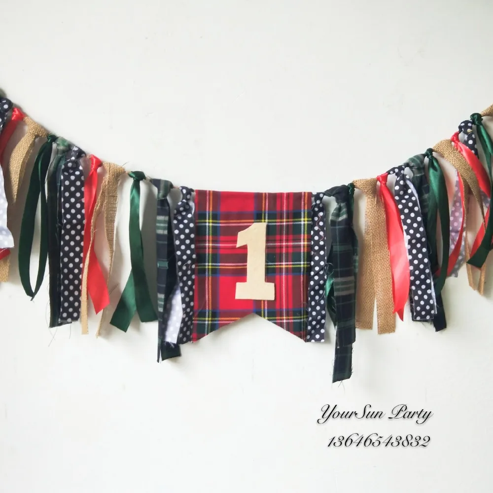 

Woodland inspired first year birthday party highchair banners Free shipping lamberjack inspired rag tied garlands winter party