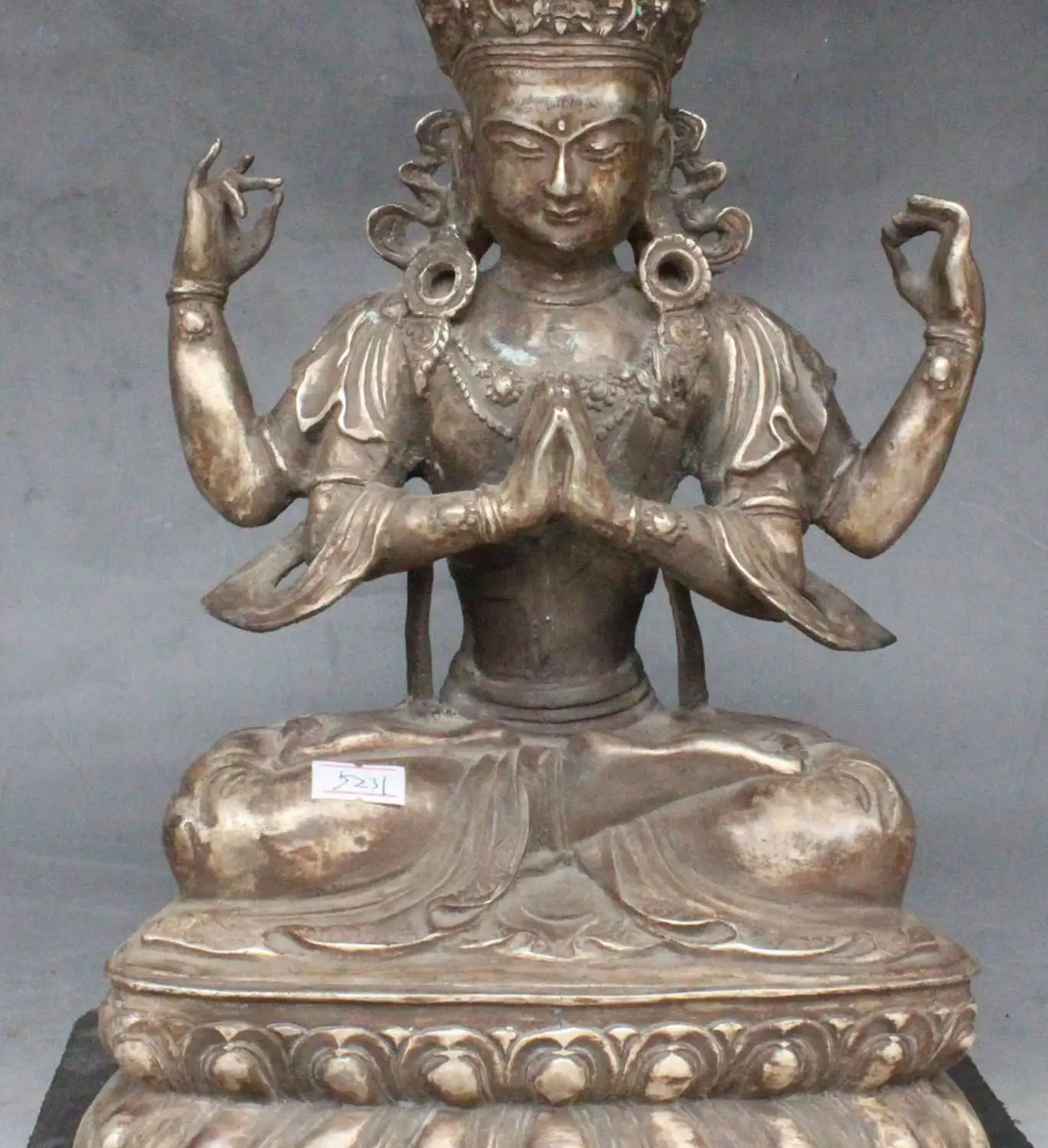 

12" Old Tibet Buddhism Silver Seat Lotus 4 Arms Chenrezig Tantra Buddha Statue