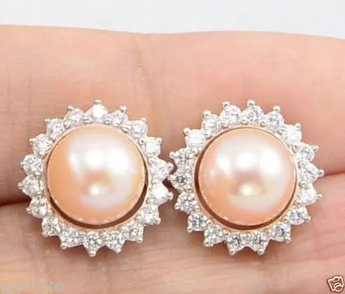 

New 8-9mm Genuine Natural Pink Akoya Cultured Pearl Stud Earrings AAA