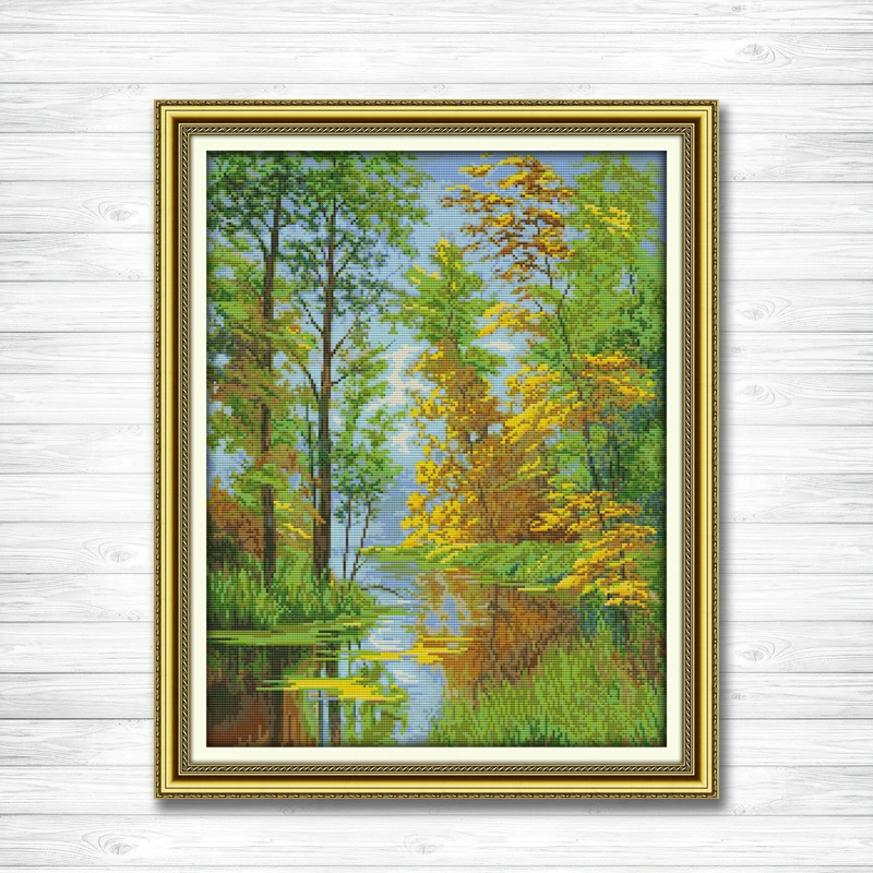 

River Reflection view countryside Scenery,Counted print on canvas DMC 14CT 11CT DMS Cross Stitch Needlework kits Embroidery Sets