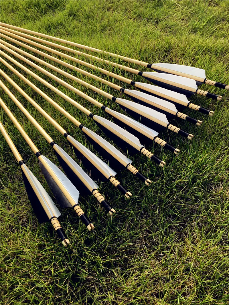 

12PK Wooden Arrows White&Black Parabolic Feathers Self Nocks For Bow