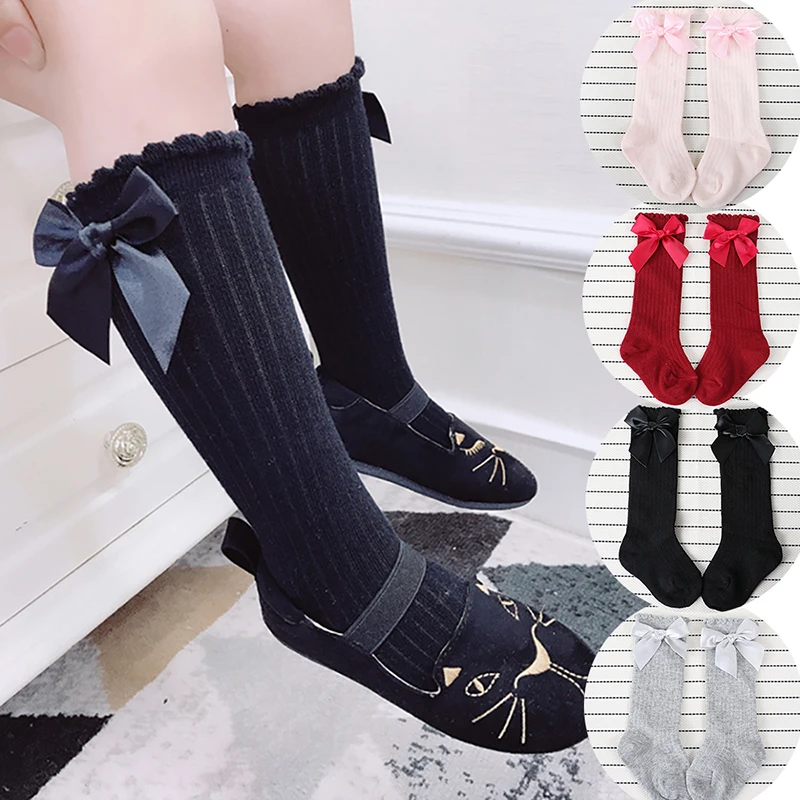 

2019 Baby Girls Socks Knee High Princess Socks With Bows Girl Cute Baby Sock Cotton Long Tube Bow Stripes Children Socks