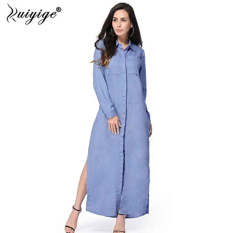 Ruiyige Spring Autumn Women Jeans Long Dress Polo Collar Full Sleeve ...