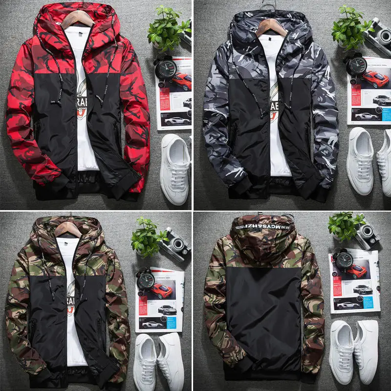

2019 Autumn New Thin Korean Casual Loose Jacket Men's Trend Camouflage Zipper Long-sleeved Hooded Jacket