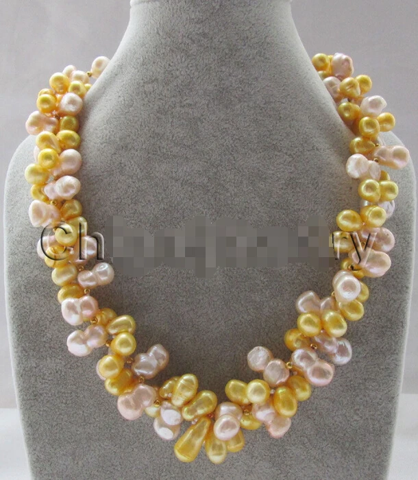 

FREE shipping>>>>>19" 2row 11-17mm pink & golden freshwater pearl necklace - GP clasp 6.07