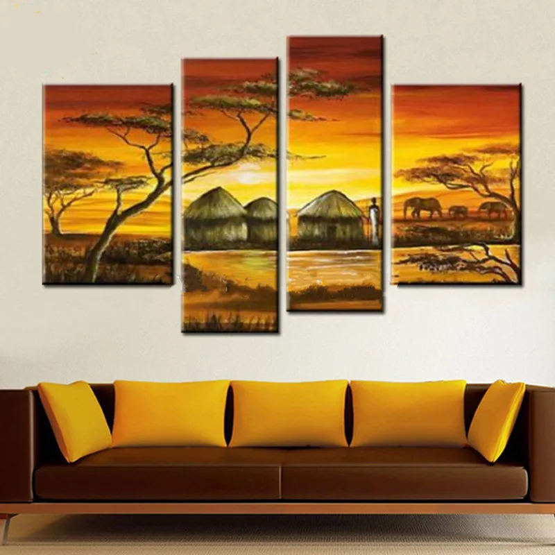 

Modern Africa Village Scenery Pictures Gift Home Decor Wall Art Hand Painted Abstract African Landscape Oil Paintings on Canvas