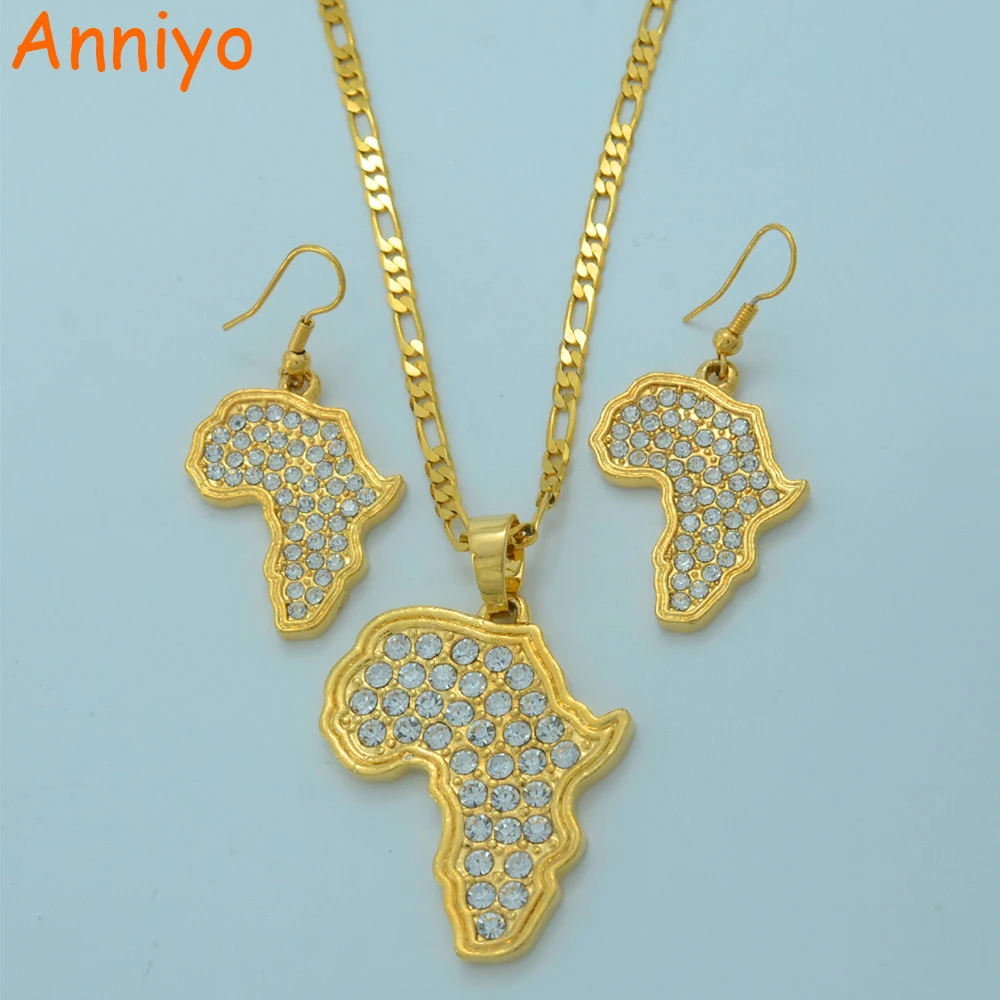 

Anniyo Map of Africa With Stone Pendant Necklaces Earrings For Women Gold Color Jewelry Ethiopian Sets Wedding Gifts #015006
