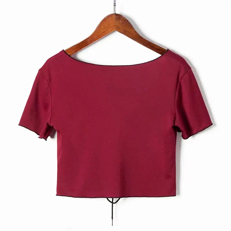 Летние модные v-образные вырезы рубашки женские Сексуальные Шнуровка короткий узкий Топ короткий рукав футболки Короткие футболки blusa