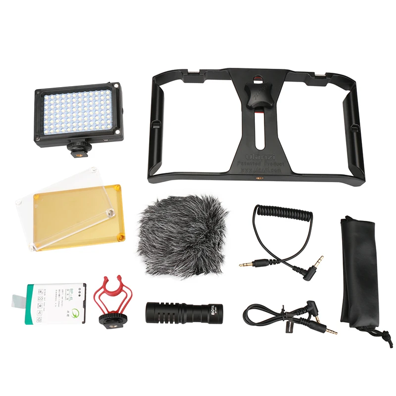  Ulanzi Smartphone Video Rig Stabilizer Kit with 96 Led Video Light w Battery & Boya BY-MM1 Micropho