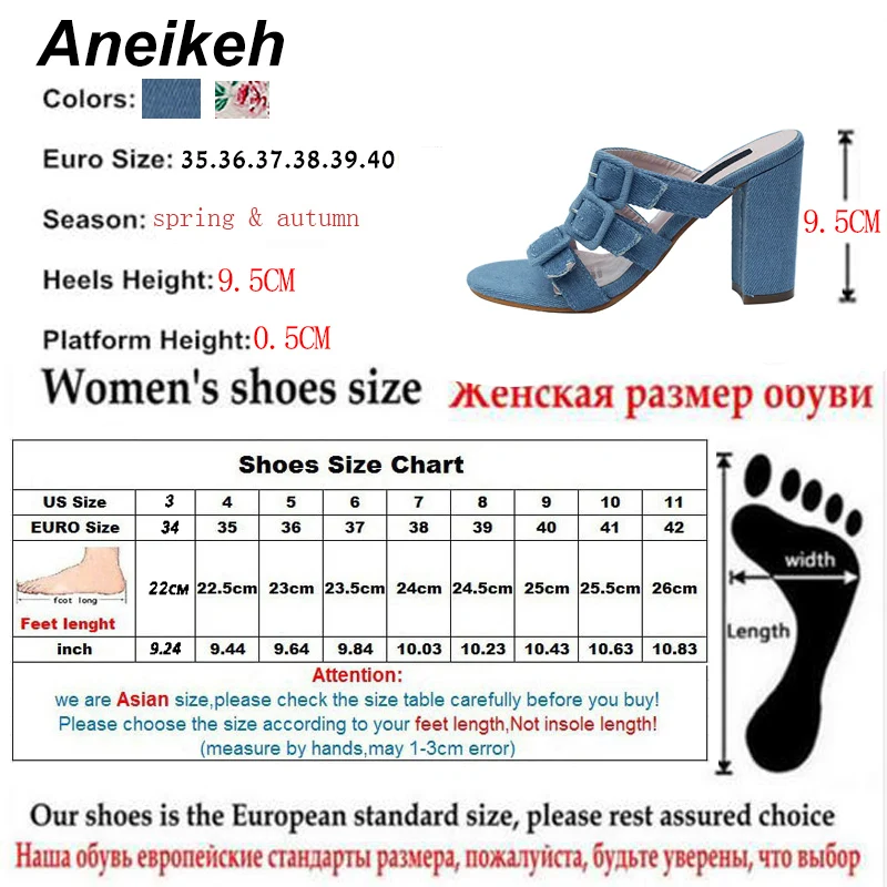 Aneikeh/Новинка года; женские джинсовые шлепанцы; вечерние туфли с открытым носком на высоком квадратном каблуке с кристаллами; туфли с ремешком и пряжкой; Размеры 35-40