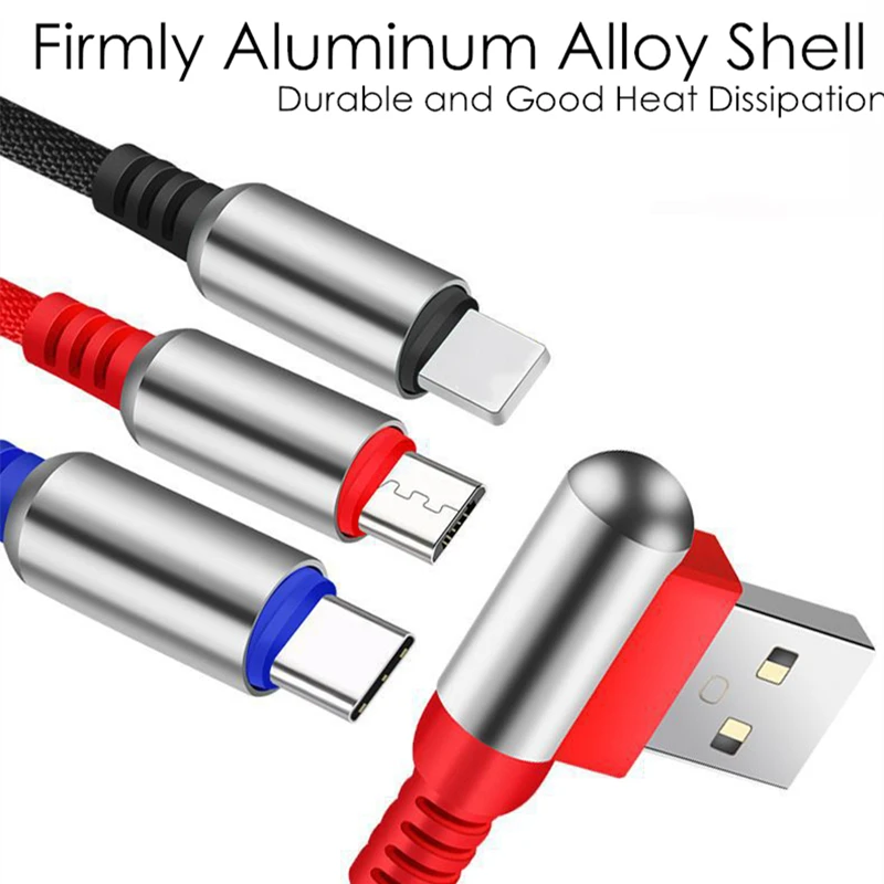 3 в 1 USB кабель из алюминиевого сплава 90 градусов Micro usb type C кабель для huawei Xiaomi Redmi usb-кабель для Samsung для iPhone XR XS MAX