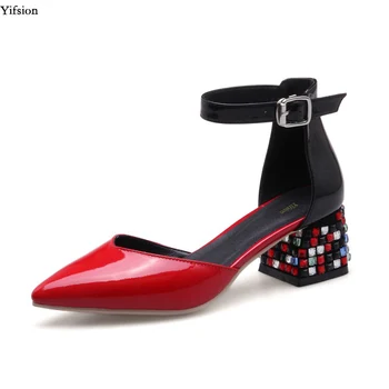 

Olomm Women Shiny Pumps Sexy Rhinestone Square Heels Pumps Charm Pointed Toe White Black Red Women Party Shoes US Size 3-9