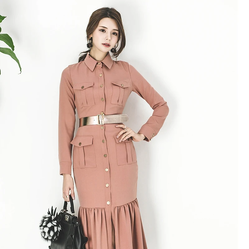 

Elegant Turn-down Collar Single Breasted Pockets Women Vestidos Full Sleeve Ruffles Bodycon Female Dress Sashes Mid-length Dress