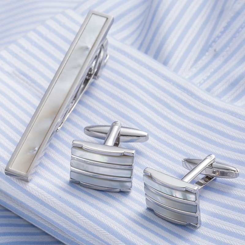 Vagula New Style Fashion Square Pearl Cufflink and Tie Clip Set Round