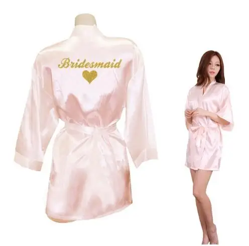 Bridesmaid Robes Bridesmaid Heart Golden Glitter Print Faux Silk Kimono Robes Wedding Gift Bride Team Bachelorette Lov
