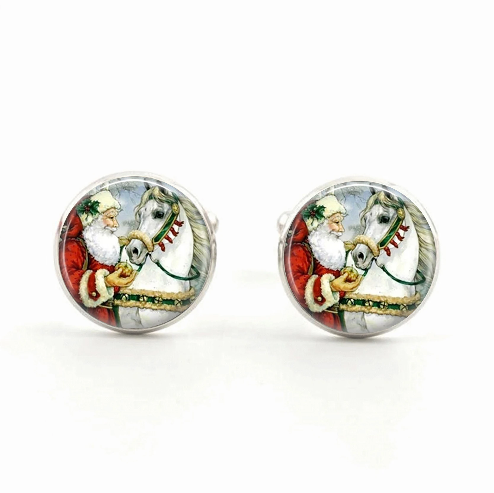 

Christmas CufflinkSanta Pendant Wearable Art Santa Cufflink Santa with Horse Necklace Handmade Cufflink