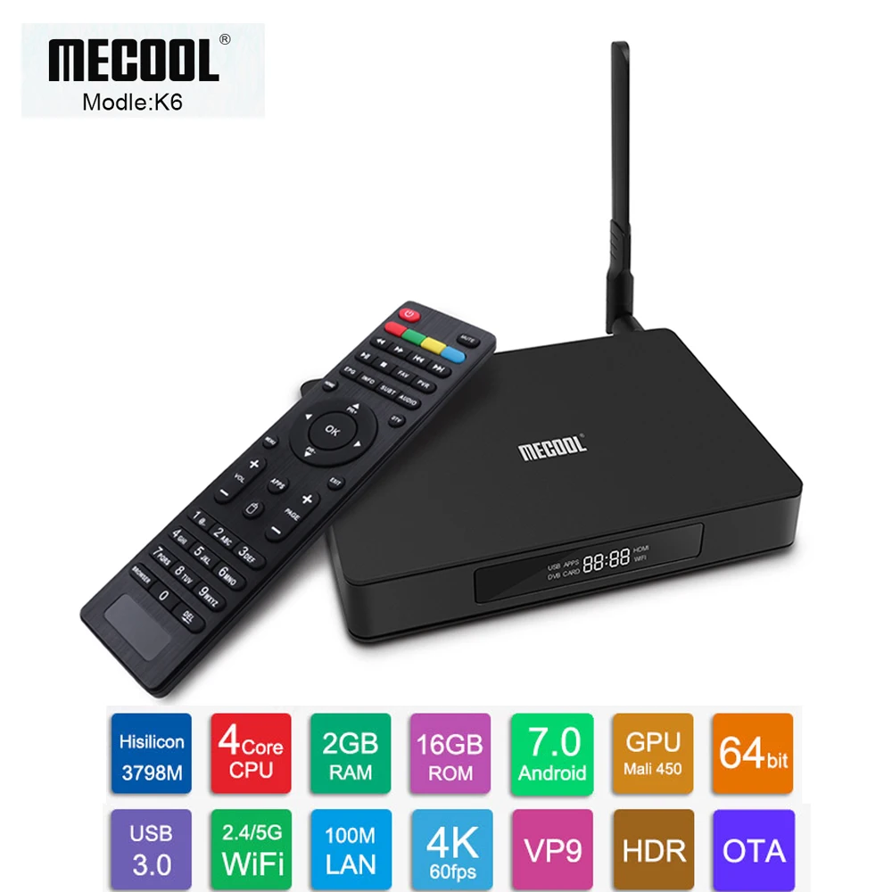 

MECOOL K7 K6 DVB S2 - T2 - C Android 7.0 TV Box 2GB RAM 16GB ROM Quad core 2.4G + 5G WiFi USB3.0 100Mbps 4K Media Player