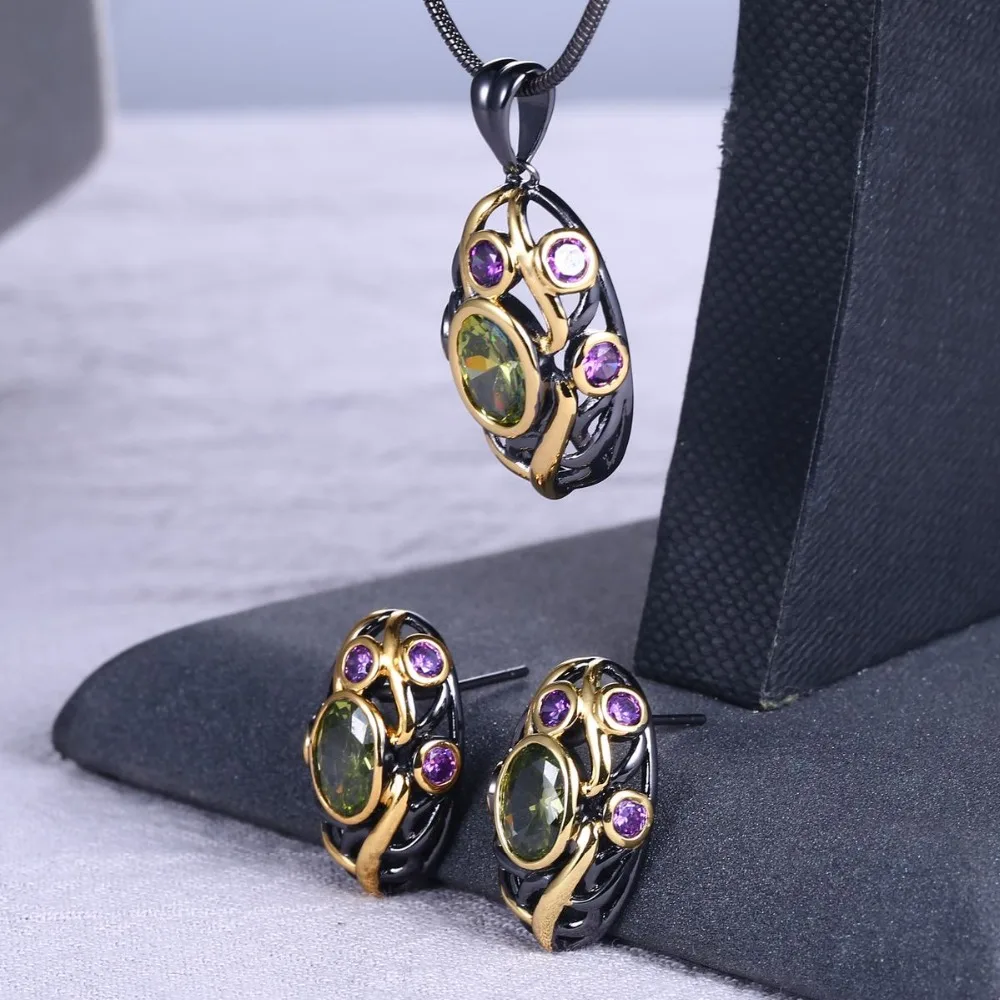 

ZHE FAN Vintage Oval Jewelry Sets For Women 2 Tone Black Gold Color Olive AAA Cubic Zirconia Egg Pendant Necklaces Earrings Sets