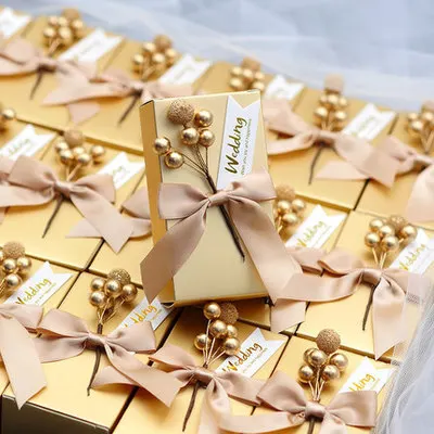 200pcs Golden candy box with bow Wedding Goods Accompanying Gifts Rectangular Candy Carton Wedding Packaging Box DIY decoration