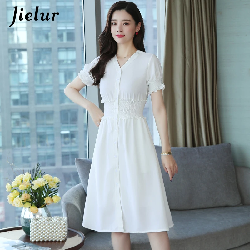 

Jielur White Summer Dress Solid Color Short Sleeve Dresses Female V-neck Slim Chic Pockets High Waist XS-L Vestidos Women Dress