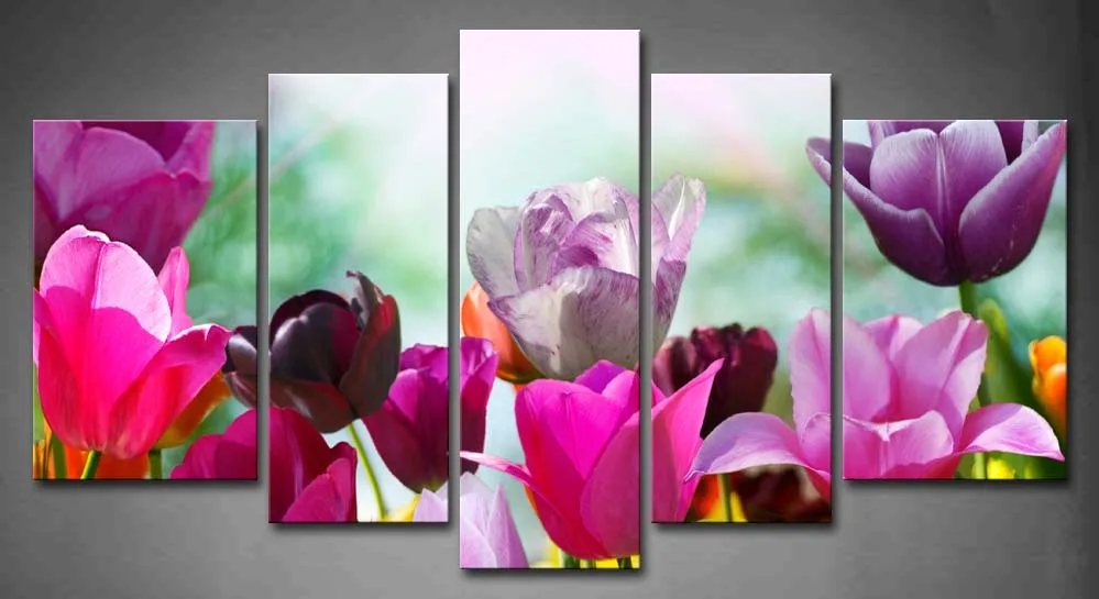 

5 Pics Framed Wall Art Picture Spring Flower Tulip Canvas Print Artwork Flower Modern Poster With Wooden Frame For Decor