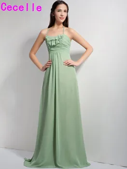 

Sage Boho Long Bridesmaid Dresses 2019 Halter A-line Bohemian Formal Wedding Party Dresses Custom Made Beach Party Dress New