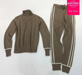 

Cashmere + Woolen twist Knit warm sets high collar Velvet Sweater + Mink Cashmere Trousers Two-pieces elastic wool suits wq111