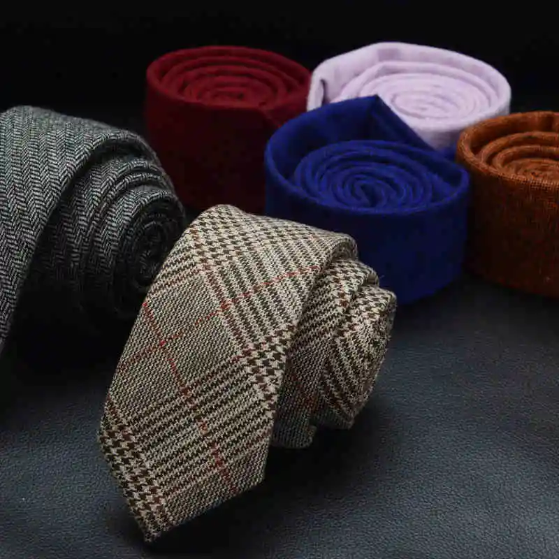

Top Quality Fashion 6CM Slim Mens Ties England Business Wedding Casual Checkered Narrow Wool Tie Striped Necktie with Gift Box