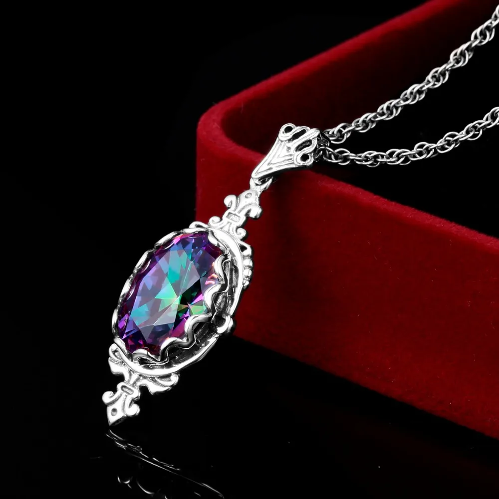 Fashion Pendant Women Handmade Mystic Rainbow Lab Topaz Stone Bohemia 925 Sterling Silver Necklace Pendant Party Vintage Jewelry