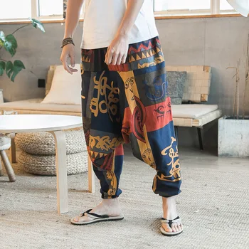 

PADEGAO male exotic print Cotton Linen Harem Pants soft ankle length loose pants trousers Wide Leg Boho baggy harem Cross-pants