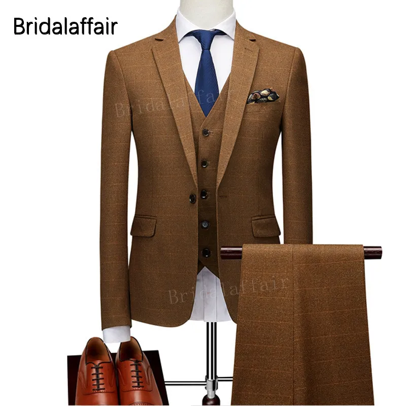 

KUSON Classic Brown Mens Suits 3 Pieces Prom Wedding Formal Slim Fit Plaid Men Suit Set Groom Tuxedos 2018 (Jacket+Pants+Vest)