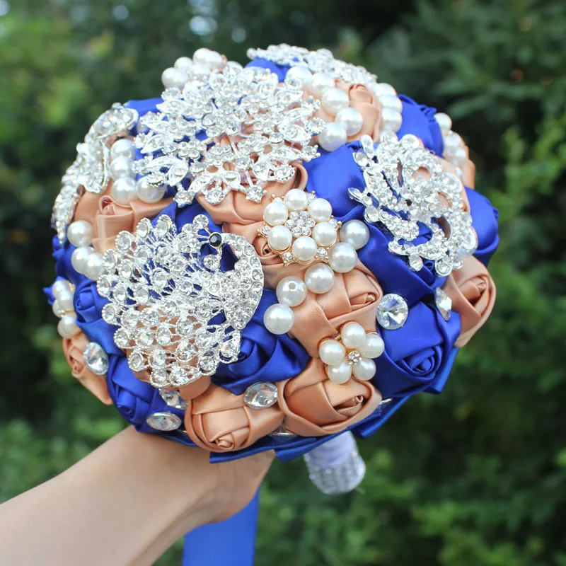 

New Artificial Champagne+royal Wedding Bouquets Hand made Flower Rhinestone Bridesmaid Crystal Bridal Wedding Bouquet