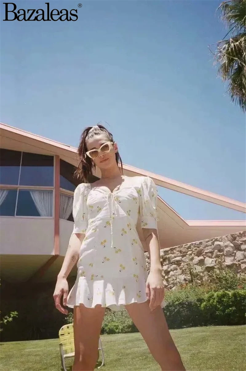 Women Yellow Cherry Print Waist Ties In Front White Square Cut Neck