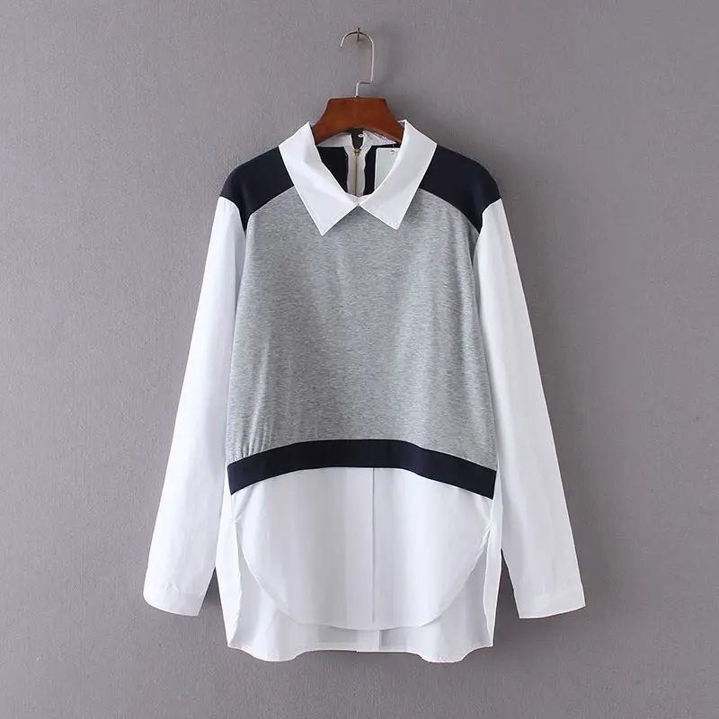 

F5 autumn Casual Shirt 3XL Plus Size Women's Clothing Fashion Cotton Long Sleeve shoulder blue splice Blouses 1745