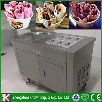 

45 cm single round ice pan with 6 topping tanks of fried ice cream roll machine with refrigerated cabinet (free shipping by sea)