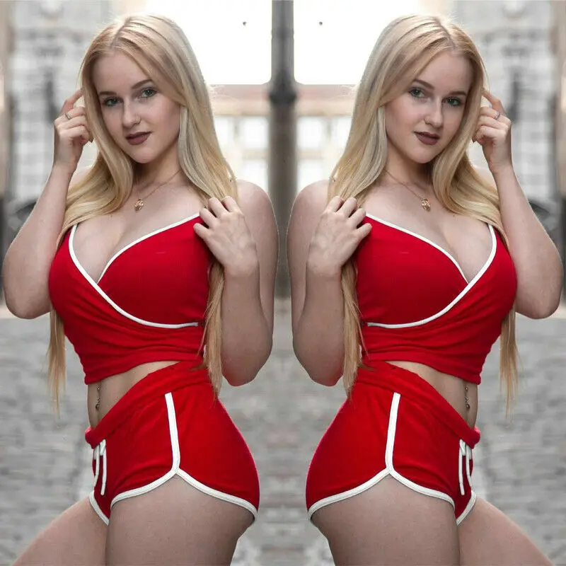 

2Pcs Summer Women Tracksuit Tee Shirt Short Pant Casual Suit Suit Hot Red V Neck Sexy Crop Pullover Tops +Shorts 2Pcs Set