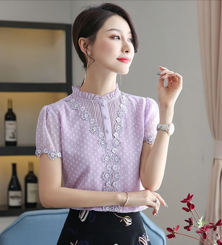 Dingaozlz летние цветочные кружевные топы, новая мода, короткий рукав, Офисная Женская рубашка, элегантная женская шифоновая блуза
