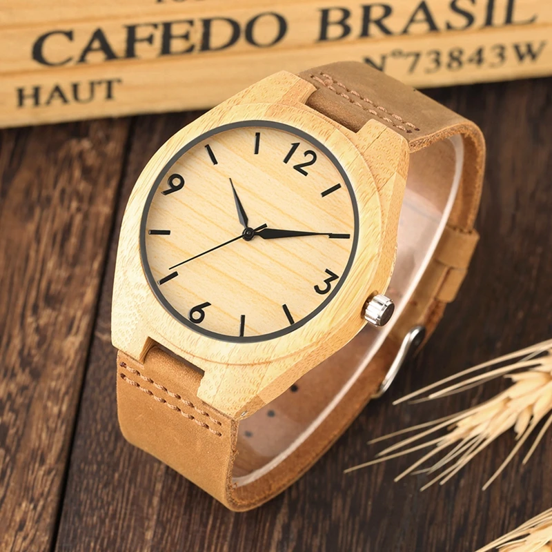 Лаконичные деревянные часы для мужчин натуральный ручной работы бамбук минималистский дизайн токсичных для мужчин s часы кожаный