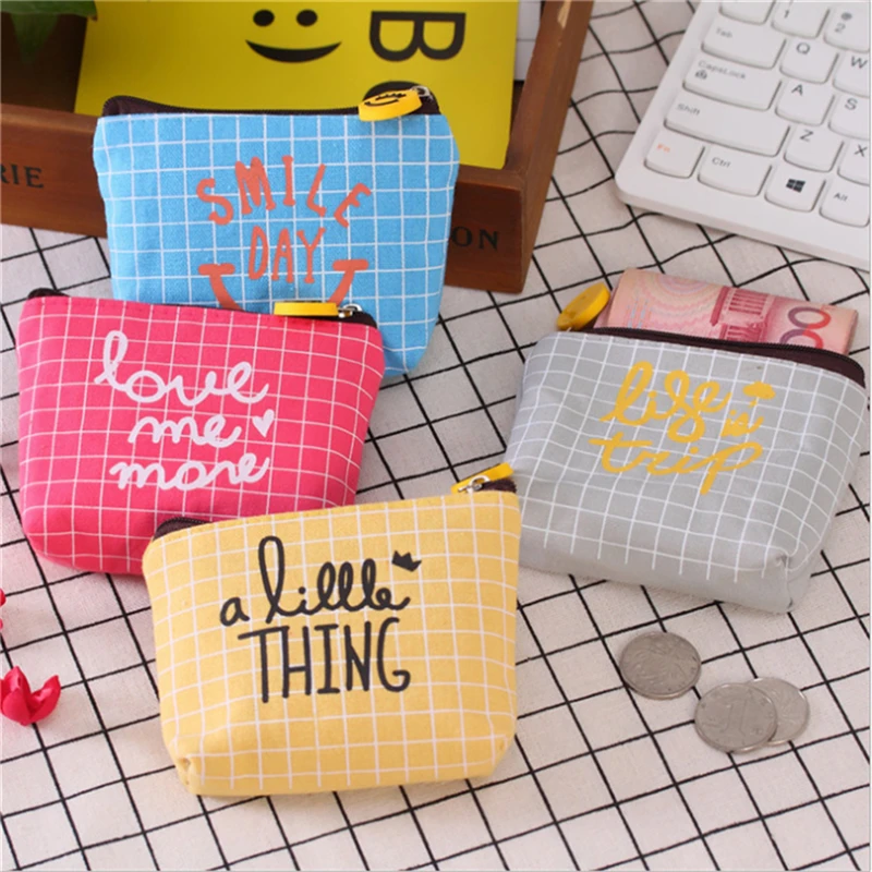 

New Cute Canvas Zipper Bags Plaid Wallet Children Girl Boy Coin Purse Simple Lattice Letter Lady Women Coin Wallets Pouch Case