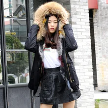 CX-G-P-05T, Новая модная женская Роскошная куртка с капюшоном и большим воротником из меха енота, теплая меховая парка на меху