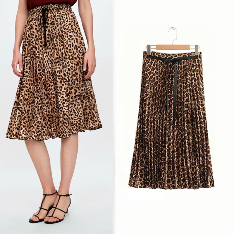 Стильная Плиссированная Юбка-миди с леопардовым принтом и поясом, женские повседневные юбки со шнуровкой и эластичной резинкой на талии