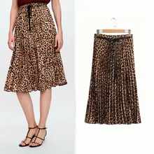 Стильная Плиссированная Юбка-миди с леопардовым принтом и поясом, женские повседневные юбки со шнуровкой и эластичной резинкой на талии