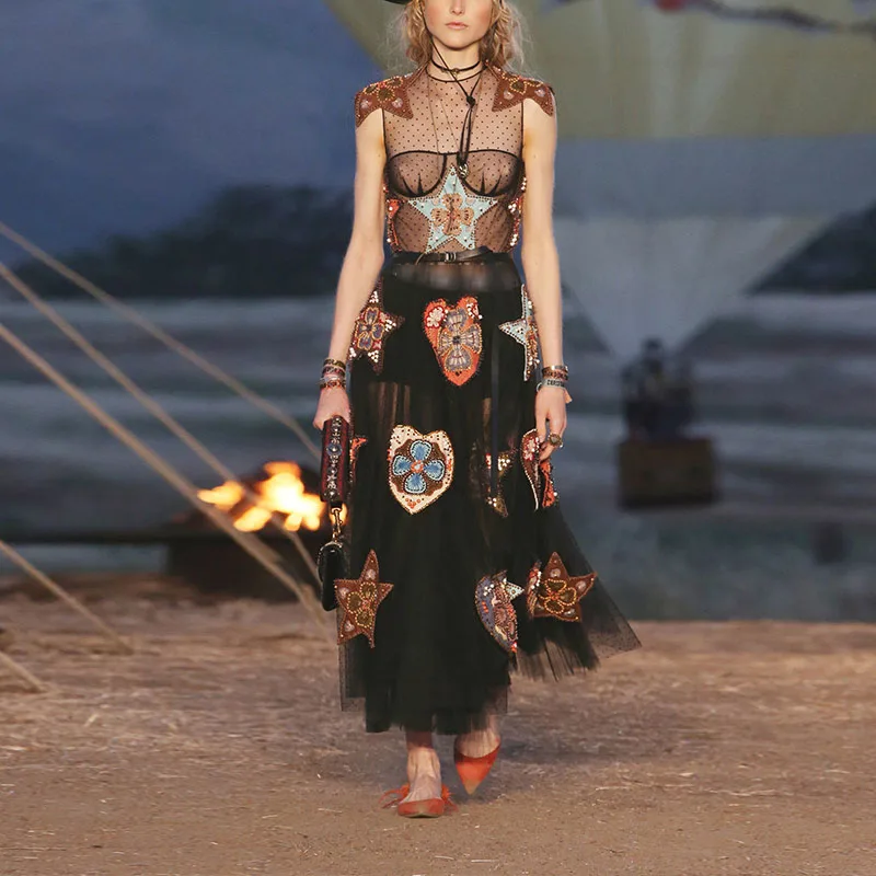 

2018 Summer Luxury Appliques Black Long Dress Women Runway Sexy See Through Star Sequin Sarafan Maxi Dress Party Female Clothes