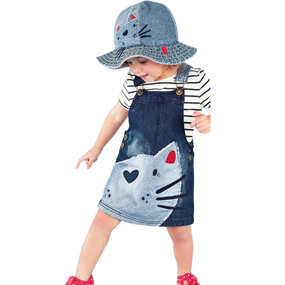 

2018 Spring Summer Baby Girl Dress Lovely Cat Pattern Cowboy Children Girls Denim Dress Kids Cartoon Party Dress 3-9 Y