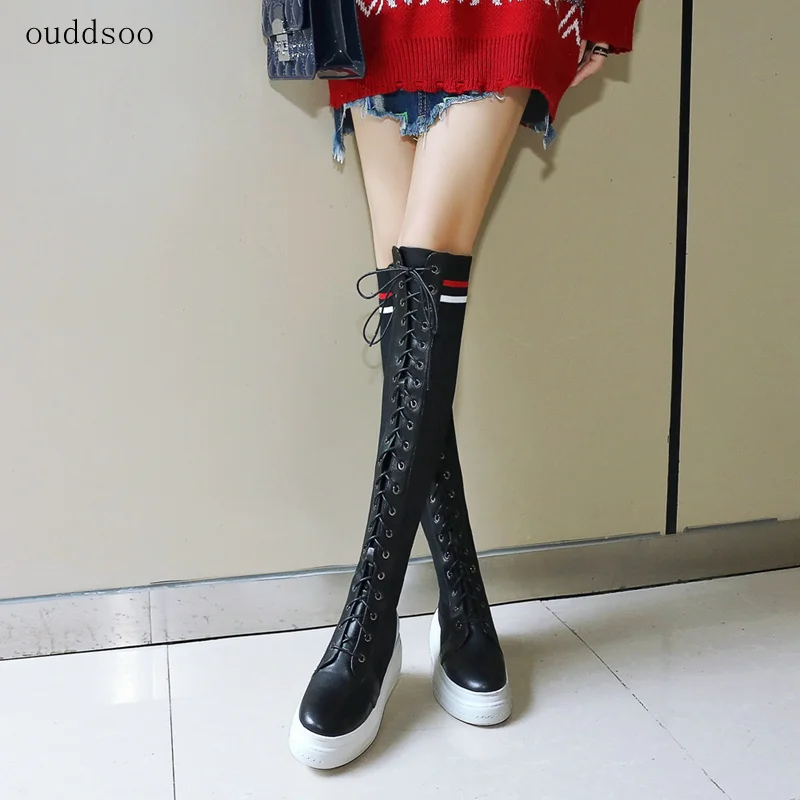 

Sexy Lace Up Over Knee Flat Thigh High Boots For Women Stretch Leather Platform Height Increasing Socks Boots Woman Shoes 5cm