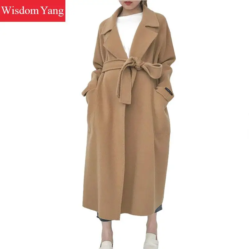 

Winter Warm Coat White Camel Sheep Wool Coats Women 2018 Slim Belt Plus Long Oversize Bodycon Casual Woolen Overcoat Outerwear