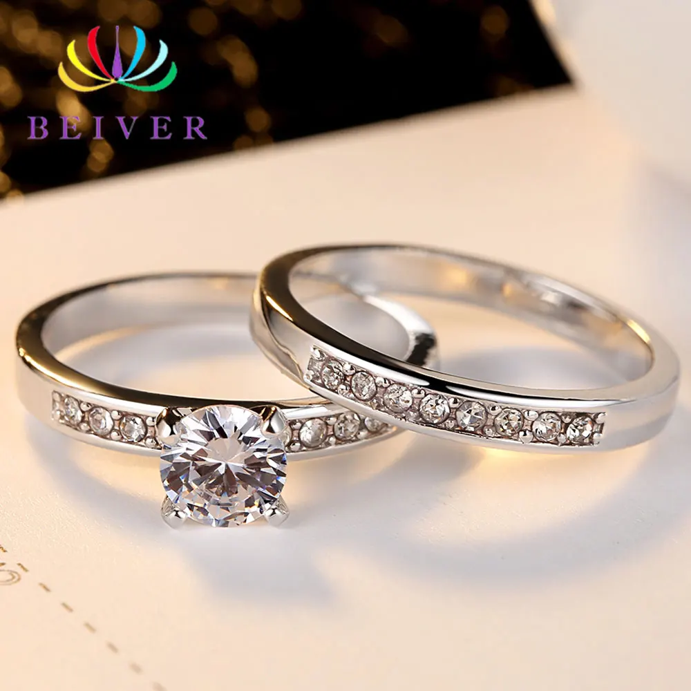 

Beiver 2 PCS Exquisite Round AAA Zircon Rings for Women White Gold Color Wedding Bands Jewelry Dropshipping LR0126