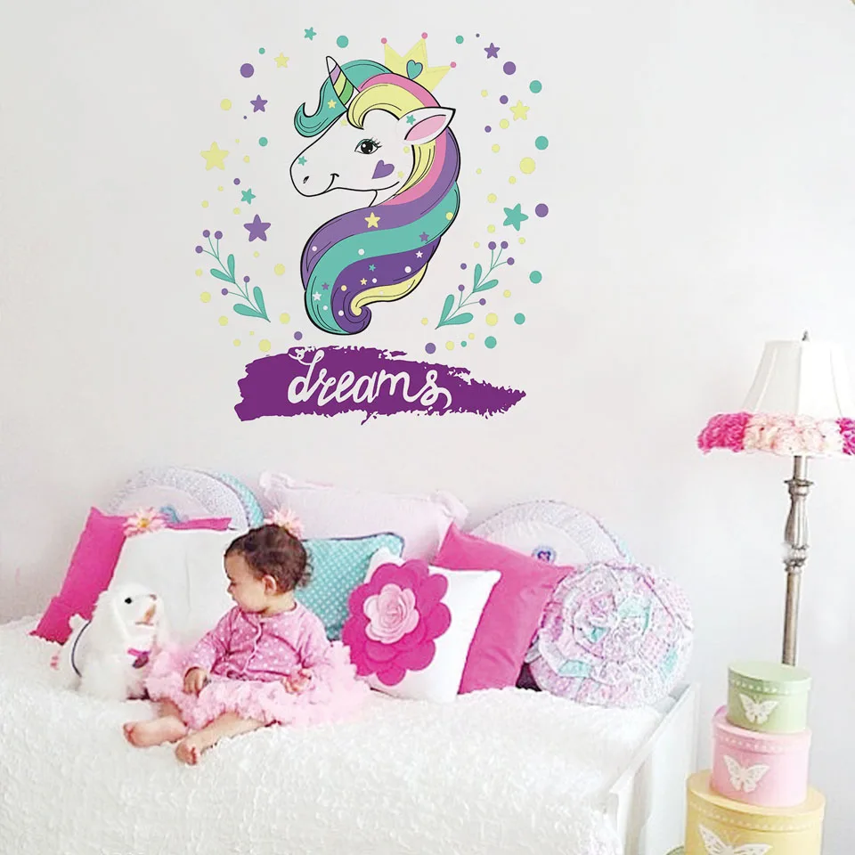 Креативные наклейки на стену с единорогом и цветами для детской комнаты, для девочек, для детской спальни, для детской комнаты, Мультяшные наклейки на стену